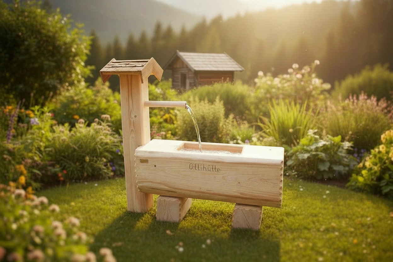 Holzbrunnen ,,Grüneck" eckiger Wassertrog aus Tannenholz