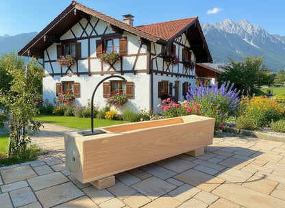 Holzbrunnen ,,Buchstein" eckiger Holztrog Lärche mit Brunnenbogen